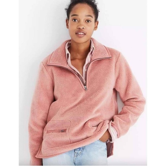 Madewell Women’s Pink Sherpa Popover Quarter Zip Pullover Sweatshirt Dusty Pink - Picture 1 of 12